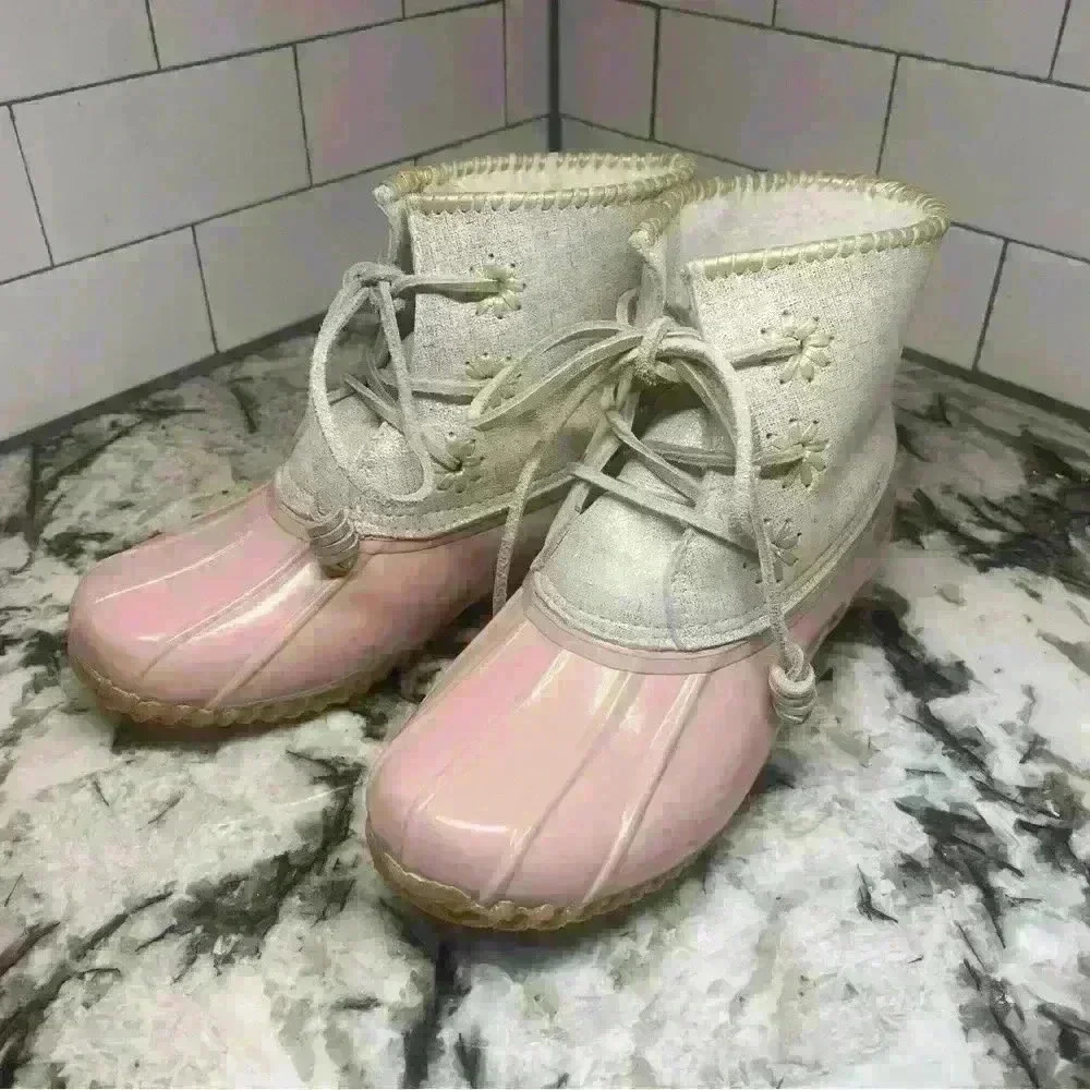 Jack Rogers Chloe Blush Metallic Rain Duck Boots Women's 7M NWOB Sherpa Lining